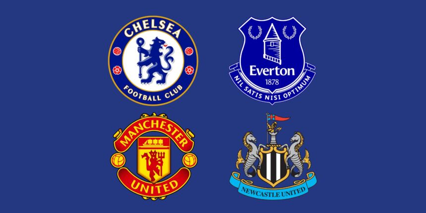 The crests of Chelsea, Everton, Manchester United and Newcastle United who are all said to be interested in signing Liam Delap