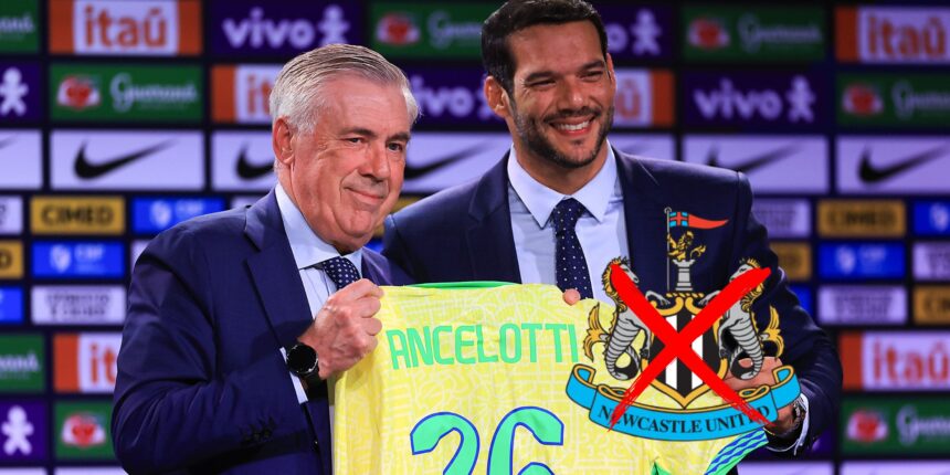 Carlo Ancelotti poses after being announced as Brazil
