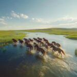 An AI image of horses crossing a grassy plain.