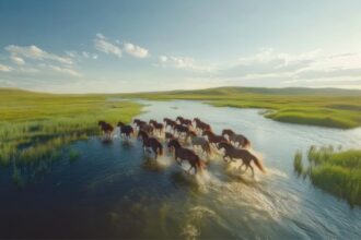 An AI image of horses crossing a grassy plain.