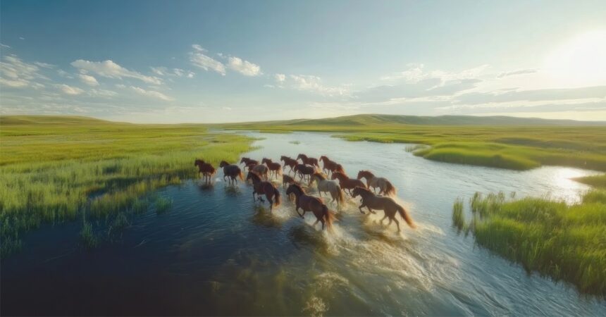 An AI image of horses crossing a grassy plain.