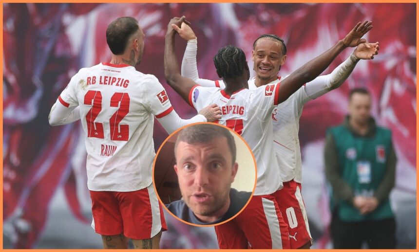 Xavi Simons celebrates with his RB Leipzig teammates