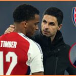 Jurrien Timber and Mikel Arteta