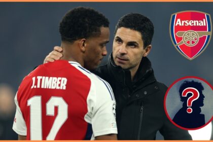 Jurrien Timber and Mikel Arteta