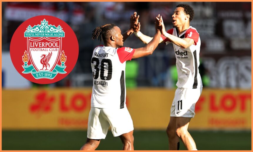 Hugo Ekitike celebrates with Eintracht Frankfurt teammate Michy Batshuayi
