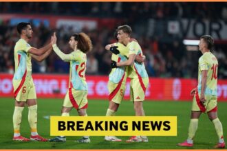 Dean Huijsen celebrates with his Spain teammates