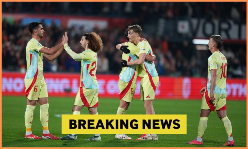 Dean Huijsen celebrates with his Spain teammates