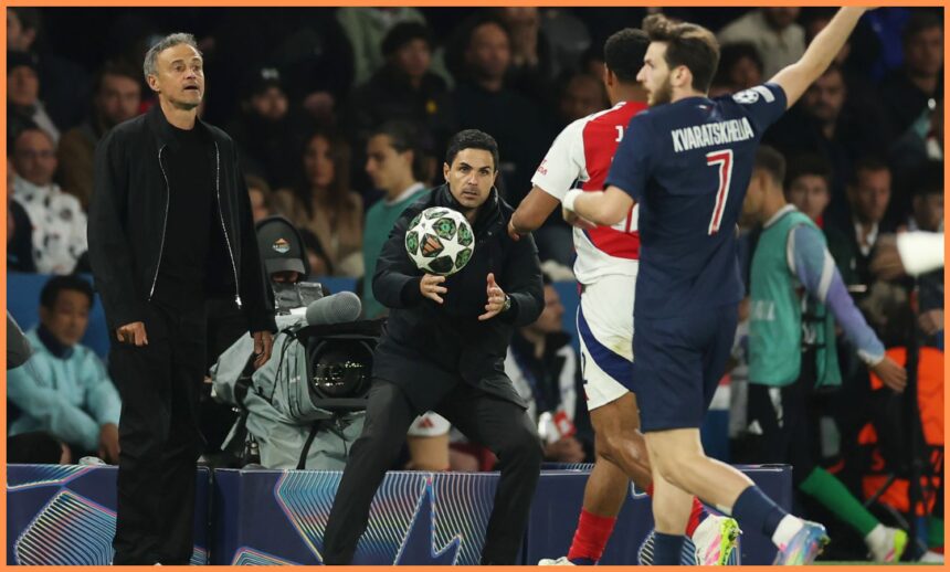 Mikel Arteta and Luis Enrique during the PSG vs Arsenal game