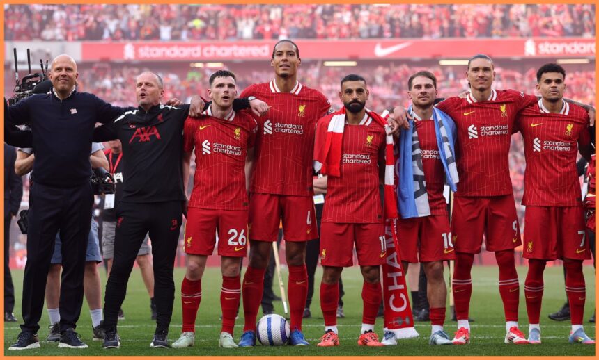Virgil van Dijk, Mohamed Salah, Darwin Nunez and Luis Diaz celebrate Liverpool