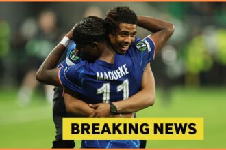 Noni Madueke hugs Wesley Fofana after Chelsea