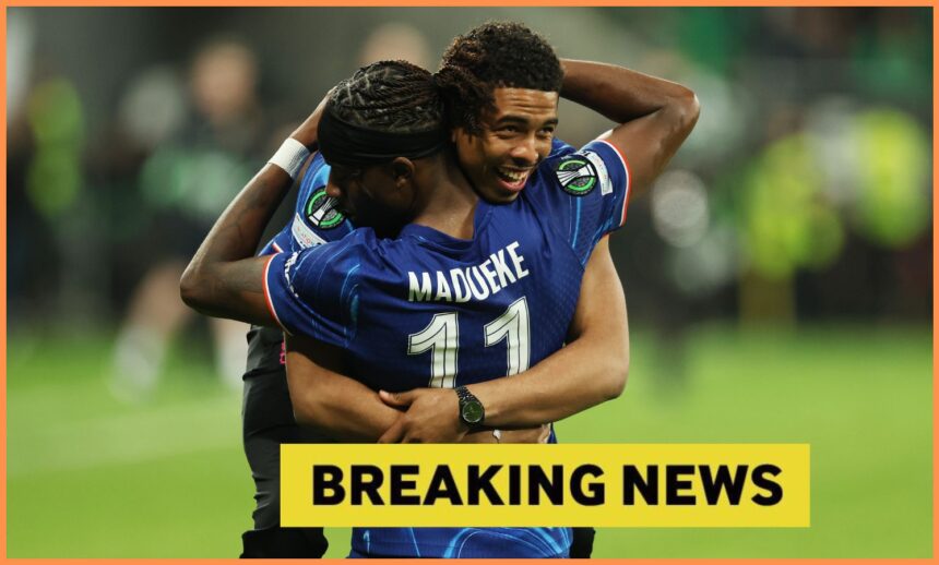 Noni Madueke hugs Wesley Fofana after Chelsea