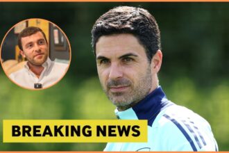 Mikel Arteta and Fabrizio Romano with breaking news banner