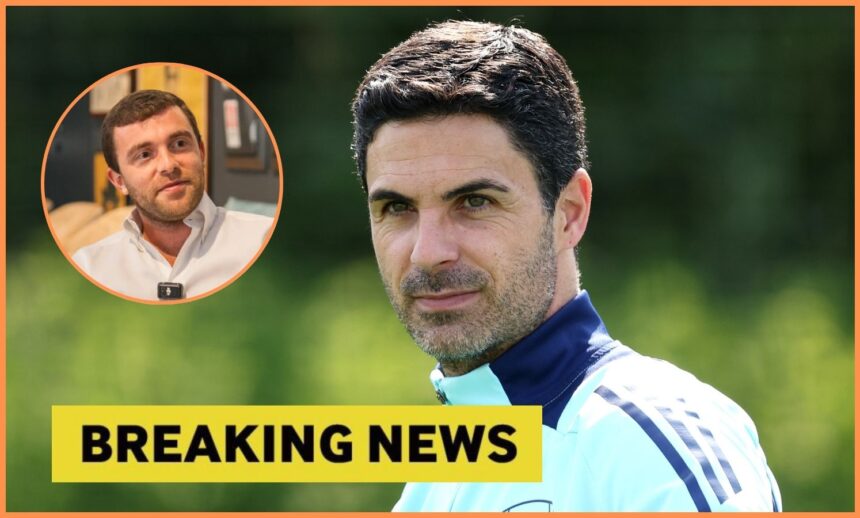 Mikel Arteta and Fabrizio Romano with breaking news banner