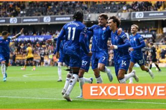 Chelsea players celebrate against Wolves