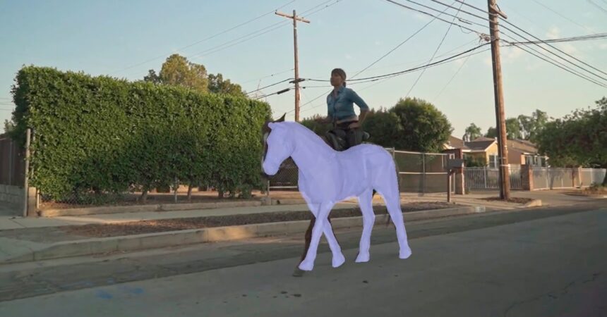 Digital image overlaid on a woman riding a horse.