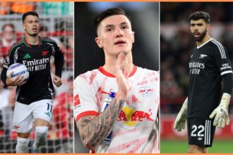 Gabriel Martinelli, Benjamin Sesko and David Raya
