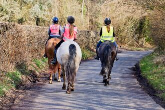 Three riders on the road.