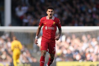 Luis Diaz celebrates a goal for Liverpool