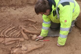 A man unearthing a horse skeleton.