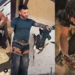 Three photos of farriers at work.