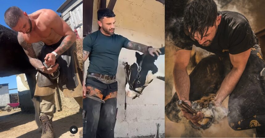 Three photos of farriers at work.