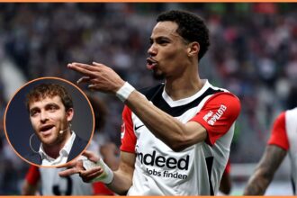 Hugo Ekitike celebrates a goal for Eintracht Frankfurt
