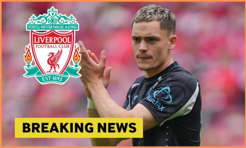 Florian Wirtz of Bayer Leverkusen and the Liverpool FC logo