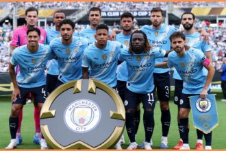 Manchester City players line up at the Club World Cup