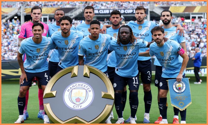 Manchester City players line up at the Club World Cup
