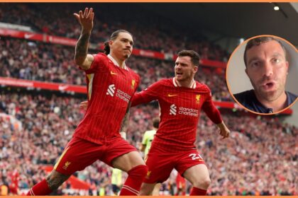 Darwin Nunez and Andrew Robertson celebrate for Liverpool against Southampton