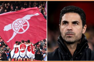 Arsenal players at the Emirates Stadium and Mikel Arteta