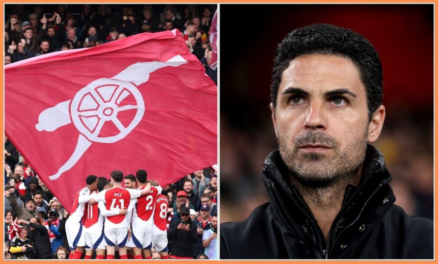 Arsenal players at the Emirates Stadium and Mikel Arteta