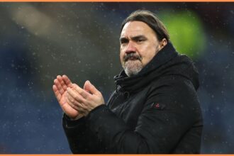 Leeds United manager Daniel Farke applauds the fans