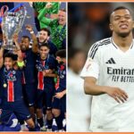 PSG players celebrating and Kylian Mbappe in action for Real Madrid