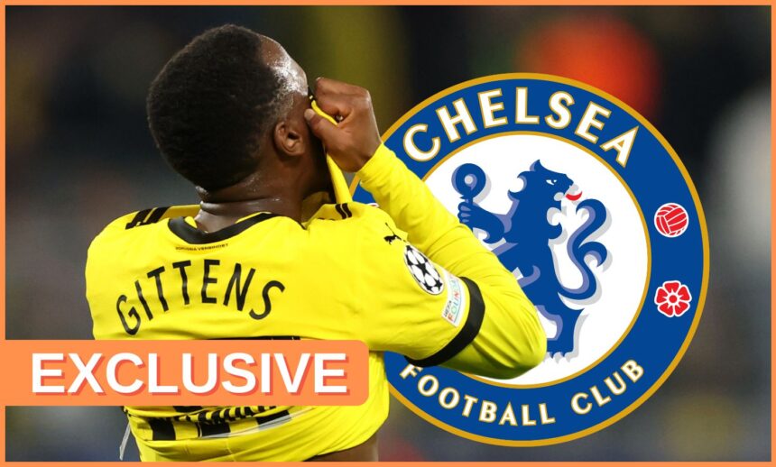 Jamie Gittens pulls his shirt over his face next to Chelsea club crest.