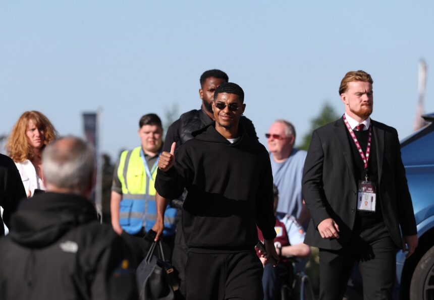 Marcus Rashford arrives for Aston Villa vs Tottenham