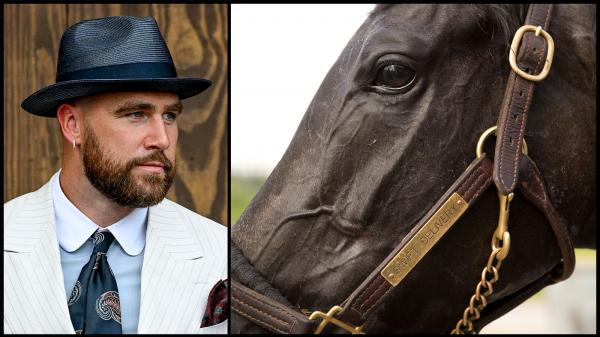 NFL star Travis Kelce earned his first victory as owner of a racehorse with the aptly named Swift Delivery