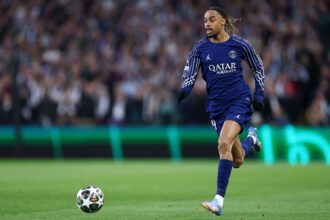 Bradley Barcola of PSG runs with the ball