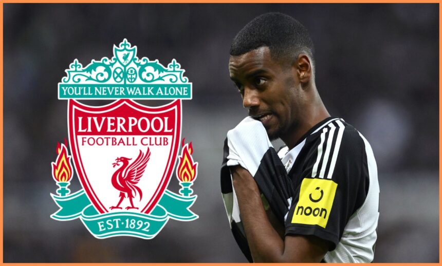 Alexander Isak rubs his face with his shirt next to Liverpool club crest.