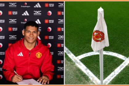 Diego Leon and the Manchester United logo on a corner flag