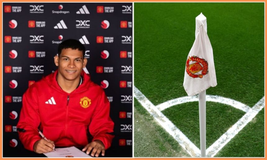 Diego Leon and the Manchester United logo on a corner flag