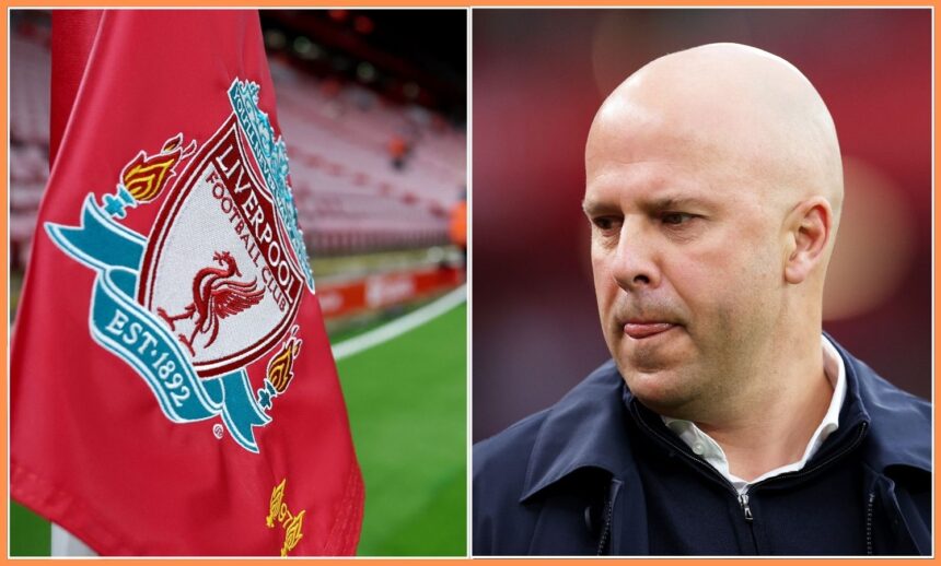 Liverpool FC logo on flag and manager Arne Slot