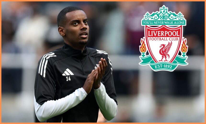 Alexander Isak and the Liverpool FC logo