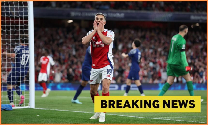 Leandro Trossard reacts during Arsenal vs PSG