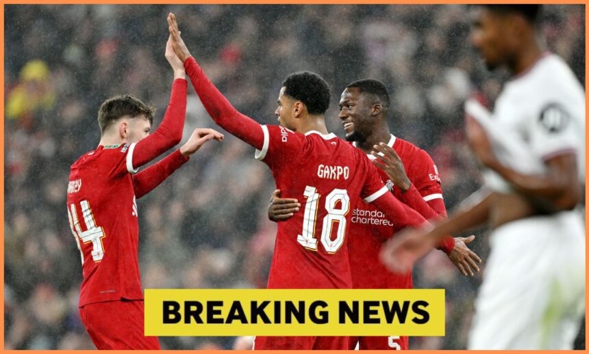 Ibrahima Konate celebrates with his Liverpool teammates