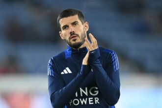 Conor Coady applauds the fans during the Leicester City pre-match warm-up