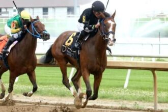 Michelle Elliott tries to keep the Indiana Oaks Trophy home at the top