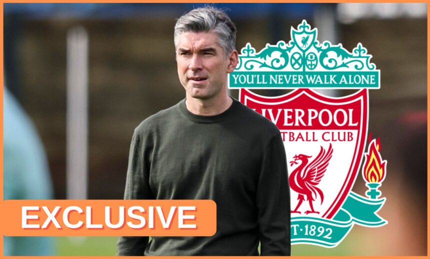 Richard Hughes looks on next to Liverpool club crest.