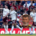 Arsenal players celebrate after scoring vs Man United, and Roy Keane in the Sky Sports studio