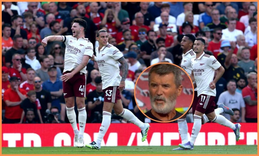 Arsenal players celebrate after scoring vs Man United, and Roy Keane in the Sky Sports studio